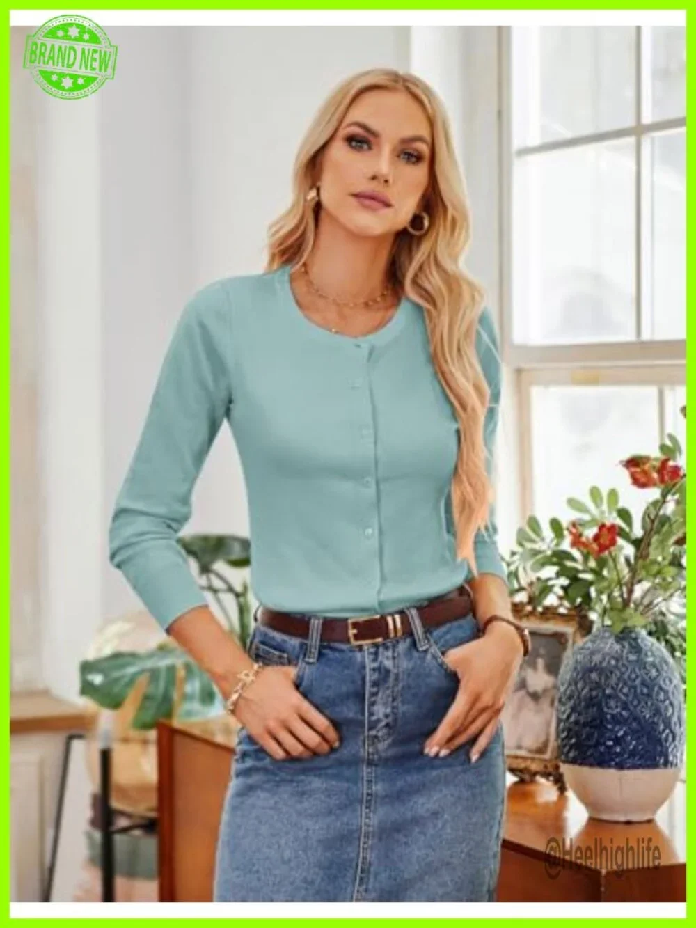 Long Sleeve Button Down Crew Neck Classic Knit Cardigan